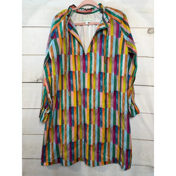 Brooke Wright Size MED Dress Multicolor Stripes Ruffle Collar Classy Preppy - Picture 1 of 5
